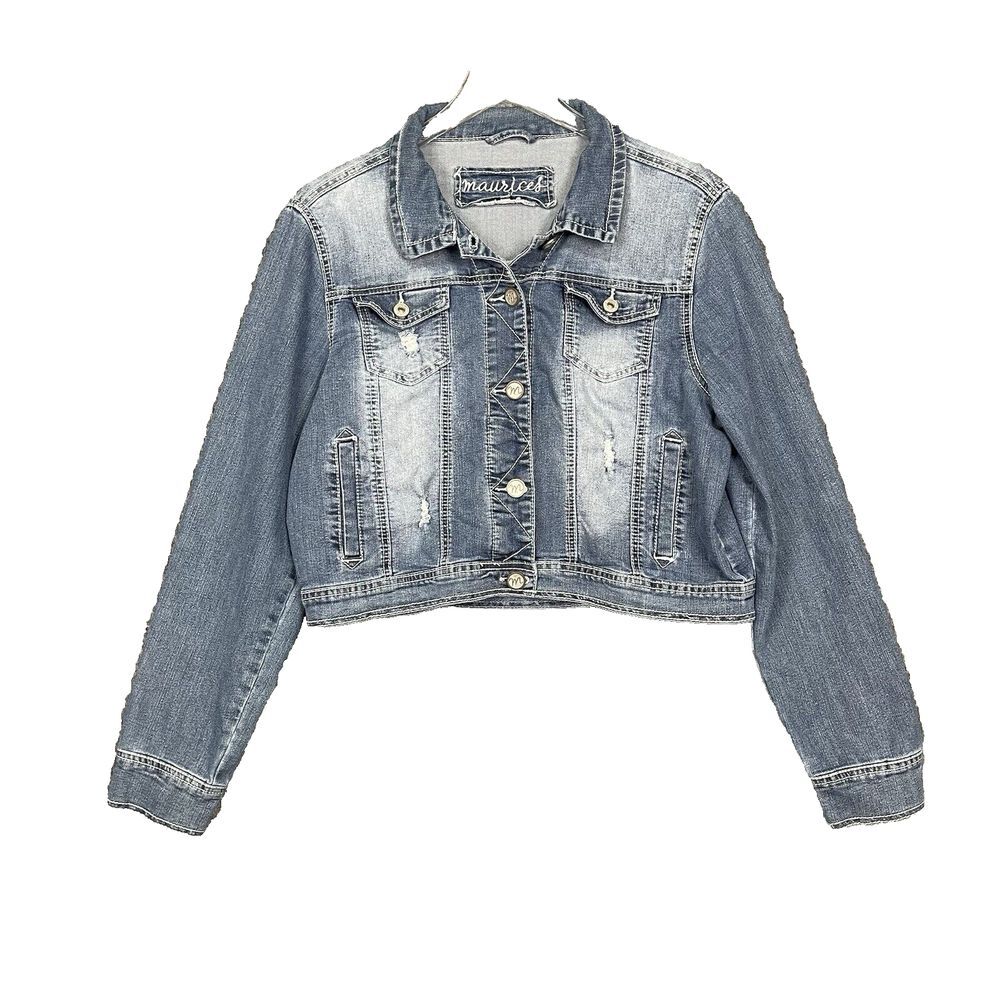 Maurices Jacket Womens XL Blue Jeans Denim Trucker Faded Cotton Stretch Distress